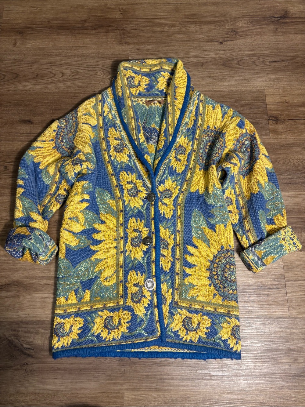 Vintage 90s Sunflower Handmade Tapestry Blanket Jacket Cardigan Boho Floral